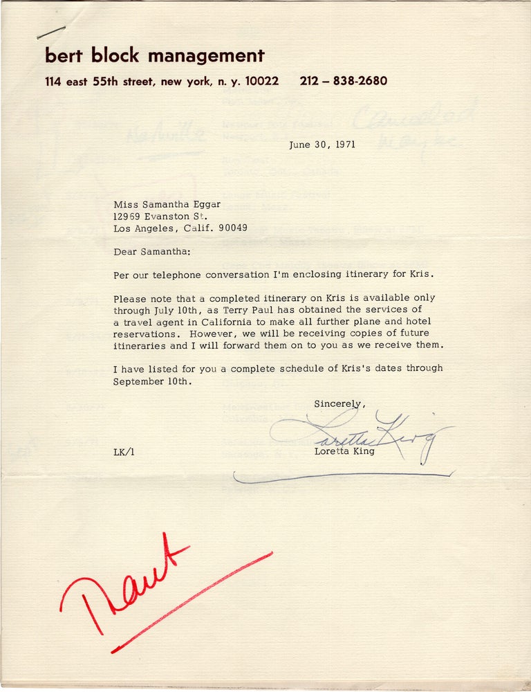 Small archive regarding Kris Kristofferson belonging to Kristofferson's then romantic partner, British actress Samantha Eggar, including an original photograph of Kristofferson with an inscribed poem written in the margins in Kristofferson's hand