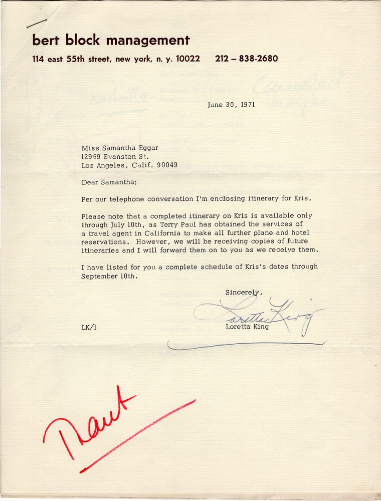 Small archive regarding Kris Kristofferson belonging to Kristofferson's then romantic partner, British actress Samantha Eggar, including an original photograph of Kristofferson with an inscribed poem written in the margins in Kristofferson's hand