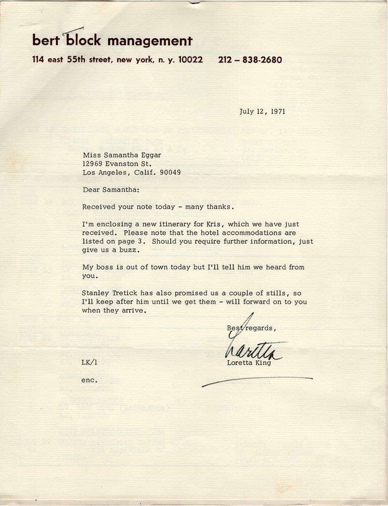 Small archive regarding Kris Kristofferson belonging to Kristofferson's then romantic partner, British actress Samantha Eggar, including an original photograph of Kristofferson with an inscribed poem written in the margins in Kristofferson's hand