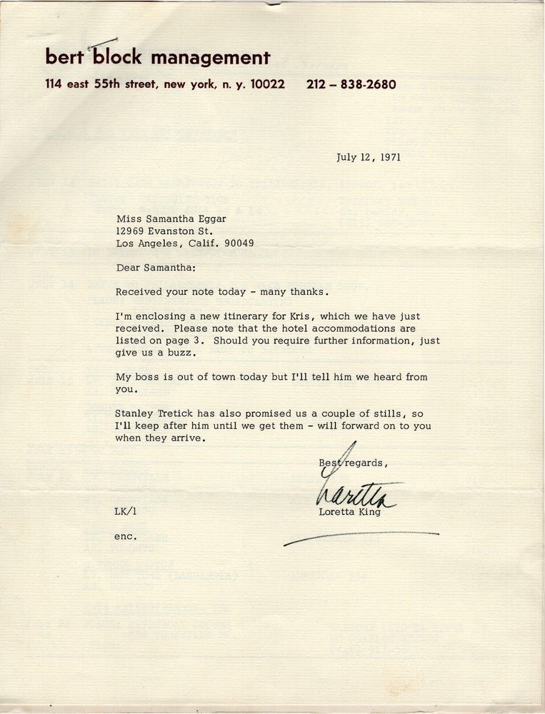 Small archive regarding Kris Kristofferson belonging to Kristofferson's then romantic partner, British actress Samantha Eggar, including an original photograph of Kristofferson with an inscribed poem written in the margins in Kristofferson's hand