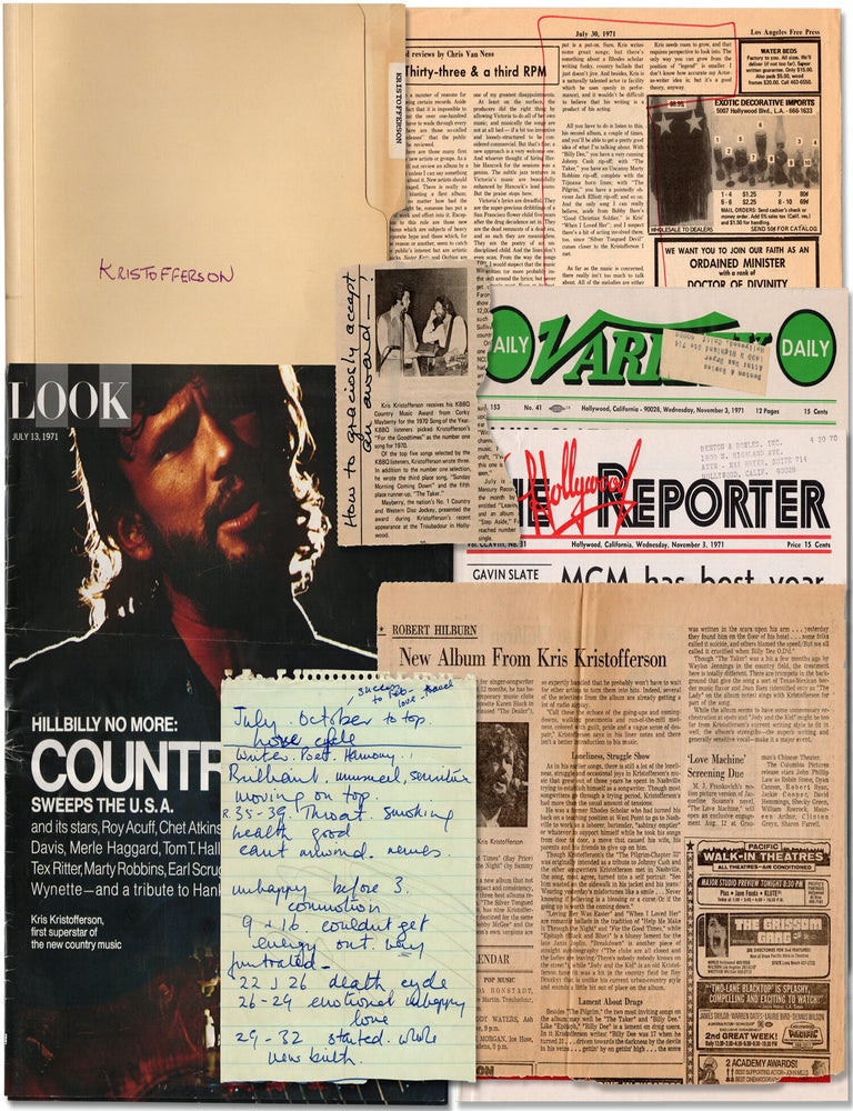 Small archive regarding Kris Kristofferson belonging to Kristofferson's then romantic partner, British actress Samantha Eggar, including an original photograph of Kristofferson with an inscribed poem written in the margins in Kristofferson's hand