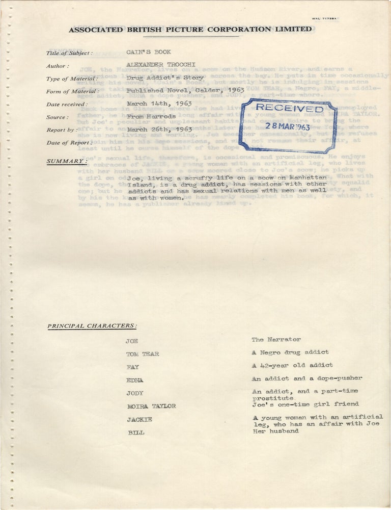 Book #172890] Cain's Book (Original 1963 three-page film treatment script for the 1960...