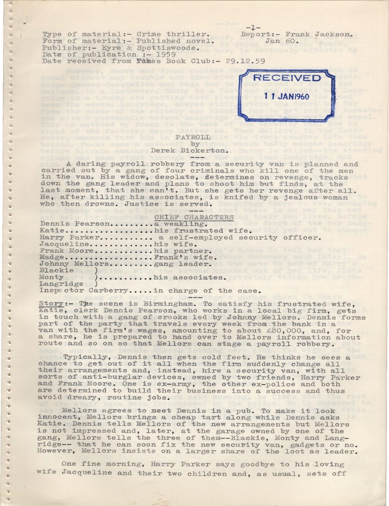 Book #172914] Payroll (Original 1960 Associated British Picture Corporation reader's summary...