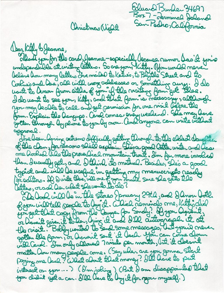 Archive of original correspondence, vernacular photographs, and ephemera from and regarding Edward Bunker, while imprisoned during the writing and publication of his first novel "No Beast So Fierce," and the development the novel's film adaptation, the landmark 1978 New Hollywood film "Straight Time," circa 1970-1977