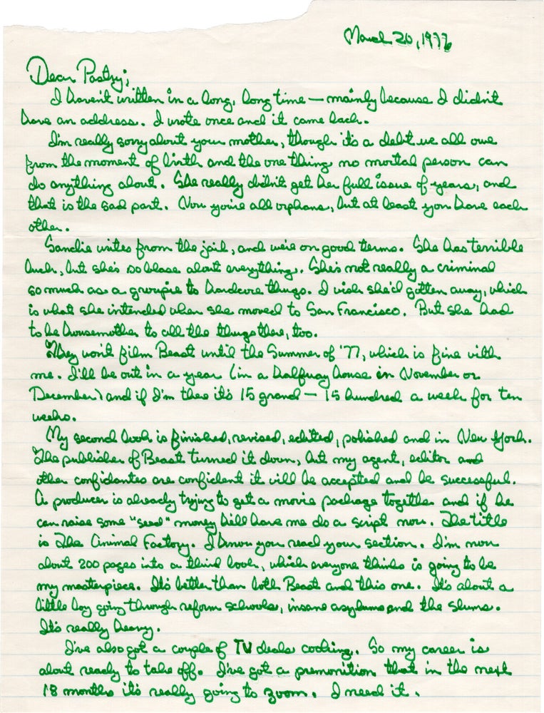 Archive of original correspondence, vernacular photographs, and ephemera from and regarding Edward Bunker, while imprisoned during the writing and publication of his first novel "No Beast So Fierce," and the development the novel's film adaptation, the landmark 1978 New Hollywood film "Straight Time," circa 1970-1977