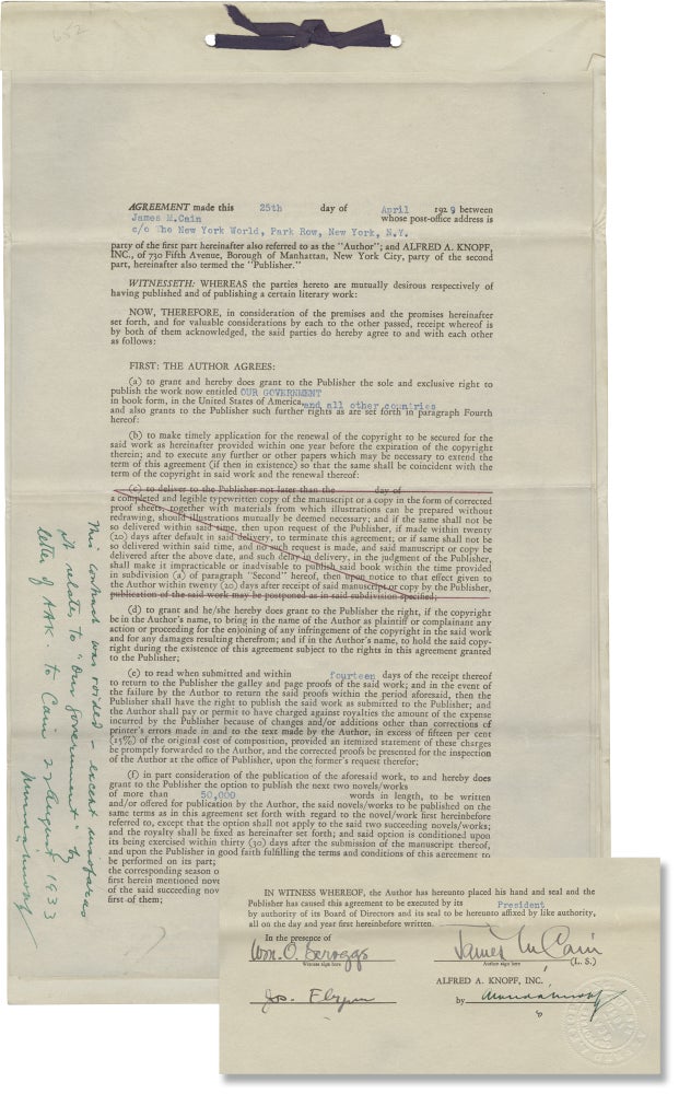 [Book #59083] Original Book Contract for "Our Government," signed by James M. Cain and Alfred A. Knopf. James M. Cain, Alfred A. Knopf.